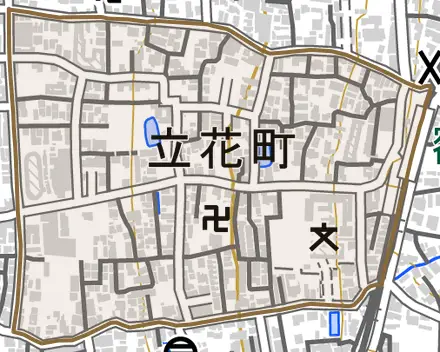 立花町とその周辺の地図。町の範囲を重ねている