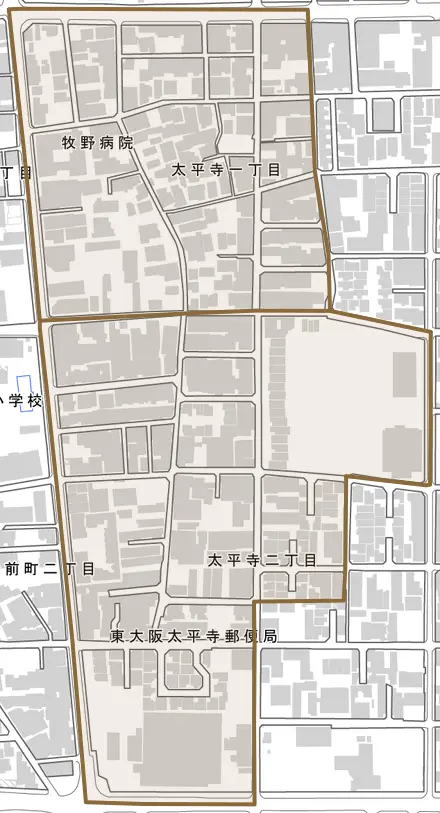 太平寺とその周辺の地図。町の範囲を重ねている