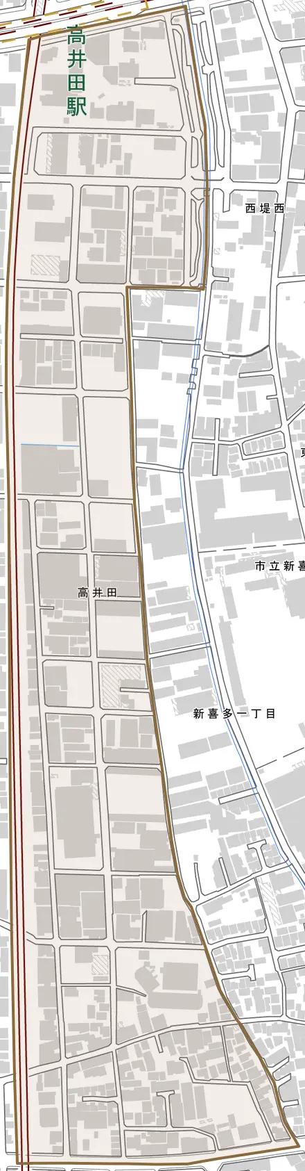 高井田とその周辺の地図。町の範囲を重ねている