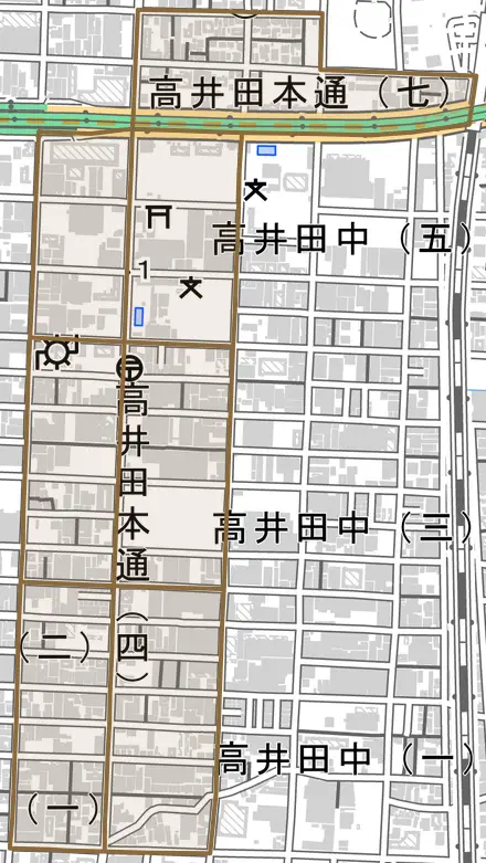 高井田本通とその周辺の地図。町の範囲を重ねている