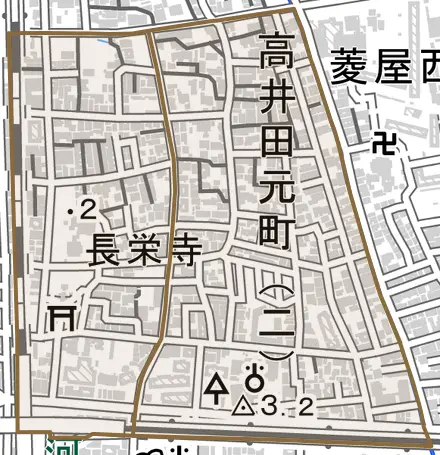 高井田元町とその周辺の地図。町の範囲を重ねている