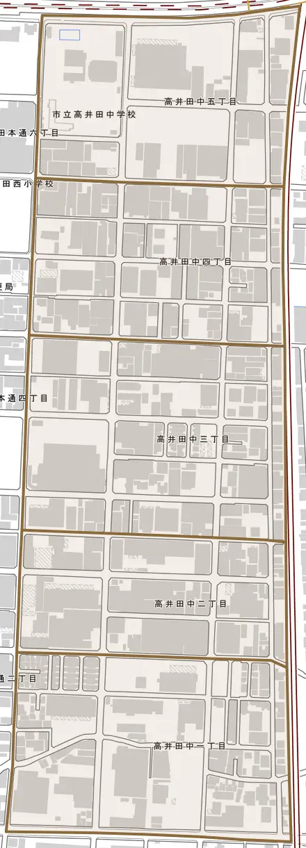 高井田中とその周辺の地図。町の範囲を重ねている