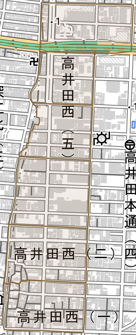 高井田西とその周辺の地図。町の範囲を重ねている