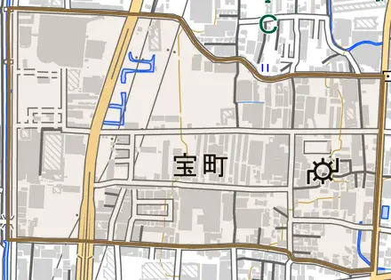 宝町とその周辺の地図。町の範囲を重ねている