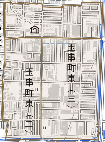 玉串町東とその周辺の地図。町の範囲を重ねている
