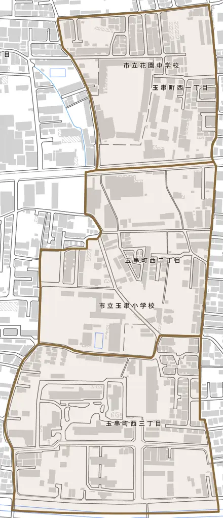 玉串町西とその周辺の地図。町の範囲を重ねている