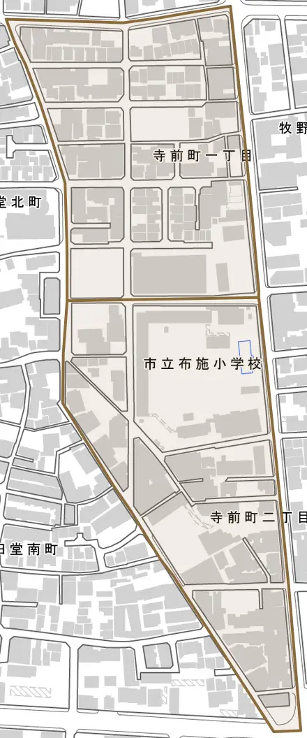 寺前町とその周辺の地図。町の範囲を重ねている