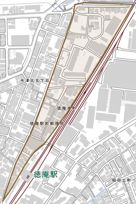 徳庵本町とその周辺の地図。町の範囲を重ねている