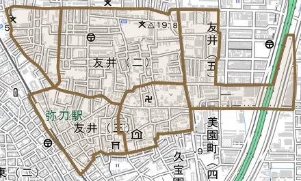 友井とその周辺の地図。町の範囲を重ねている