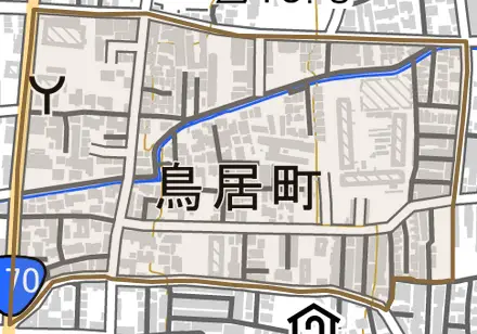 鳥居町とその周辺の地図。町の範囲を重ねている