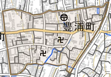豊浦町とその周辺の地図。町の範囲を重ねている