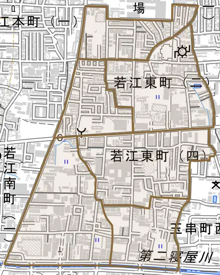 若江東町とその周辺の地図。町の範囲を重ねている