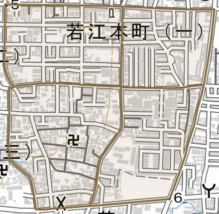 若江本町とその周辺の地図。町の範囲を重ねている