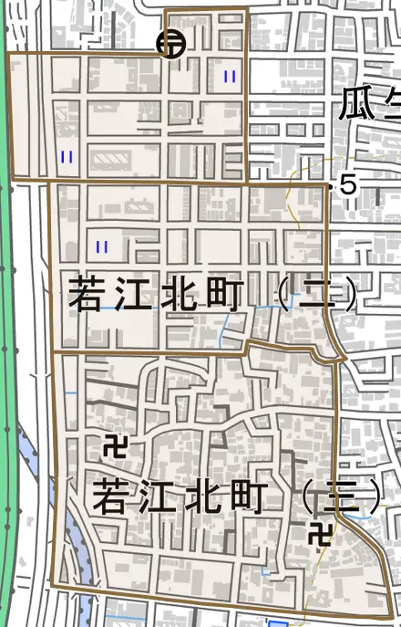 若江北町とその周辺の地図。町の範囲を重ねている