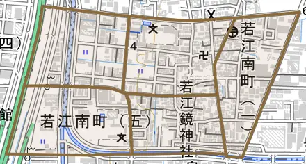 若江南町とその周辺の地図。町の範囲を重ねている