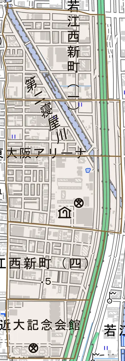 若江西新町とその周辺の地図。町の範囲を重ねている