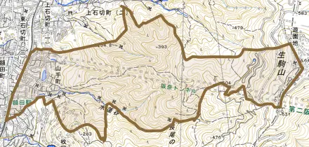 山手町とその周辺の地図。町の範囲を重ねている