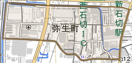 弥生町とその周辺の地図。町の範囲を重ねている