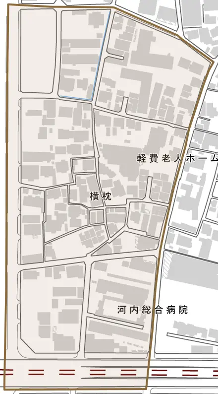 横枕とその周辺の地図。町の範囲を重ねている