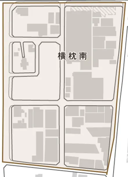 横枕南とその周辺の地図。町の範囲を重ねている