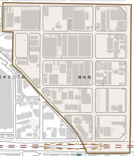 横枕西とその周辺の地図。町の範囲を重ねている