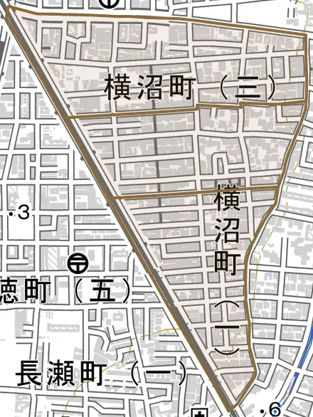 横沼町とその周辺の地図。町の範囲を重ねている