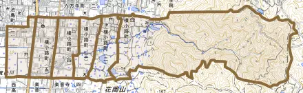 横小路町とその周辺の地図。町の範囲を重ねている