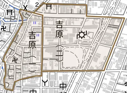 吉原とその周辺の地図。町の範囲を重ねている
