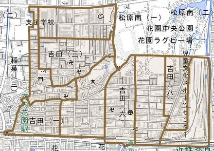 吉田とその周辺の地図。町の範囲を重ねている