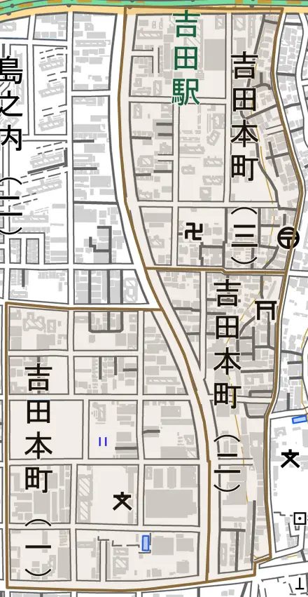吉田本町とその周辺の地図。町の範囲を重ねている