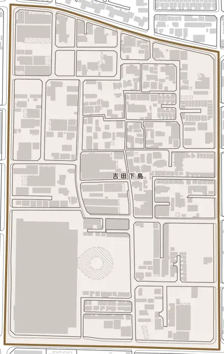 吉田下島とその周辺の地図。町の範囲を重ねている