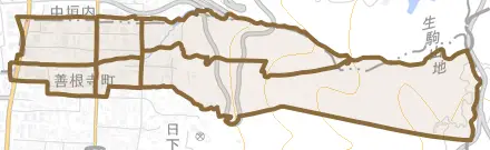 善根寺町とその周辺の地図。町の範囲を重ねている