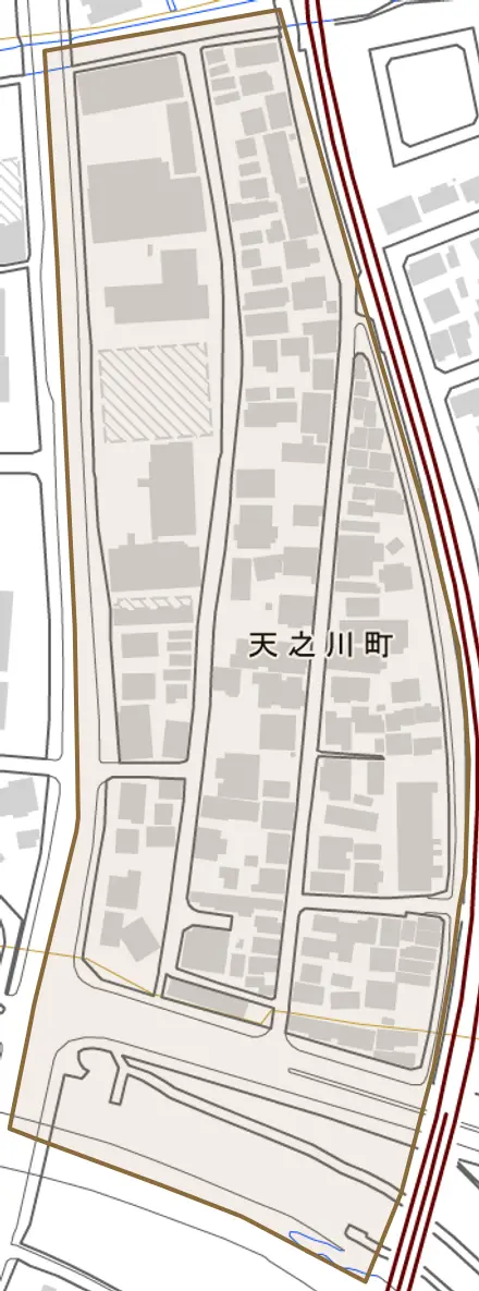 天之川町とその周辺の地図。町の範囲を重ねている