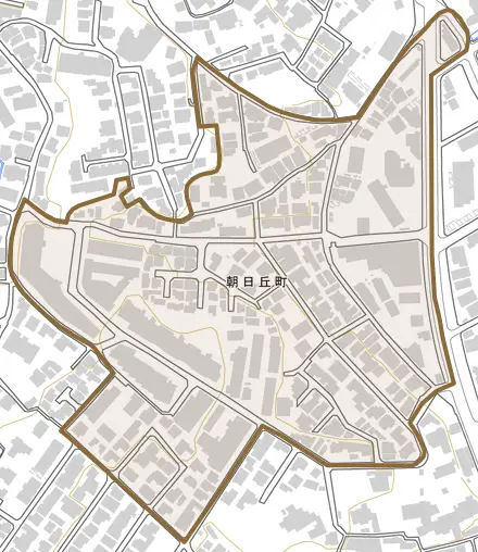 朝日丘町とその周辺の地図。町の範囲を重ねている