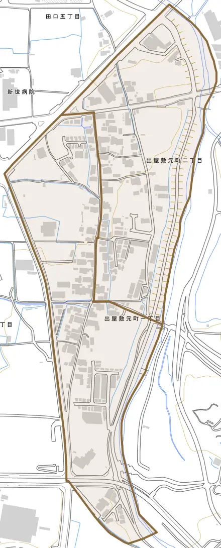 出屋敷元町とその周辺の地図。町の範囲を重ねている