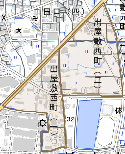 出屋敷西町とその周辺の地図。町の範囲を重ねている