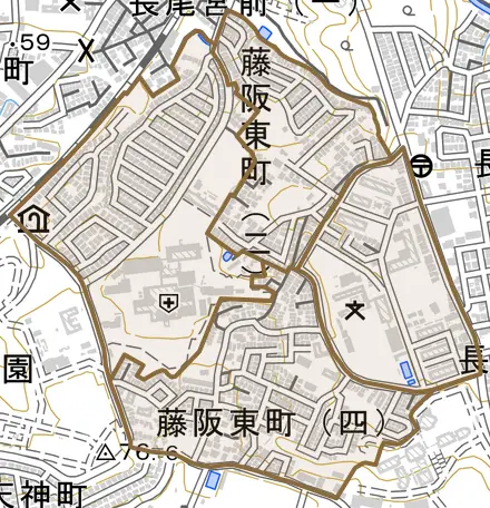 藤阪東町とその周辺の地図。町の範囲を重ねている