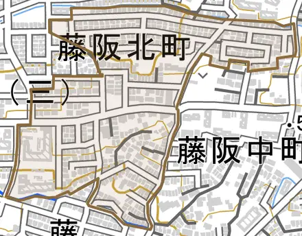 藤阪北町とその周辺の地図。町の範囲を重ねている