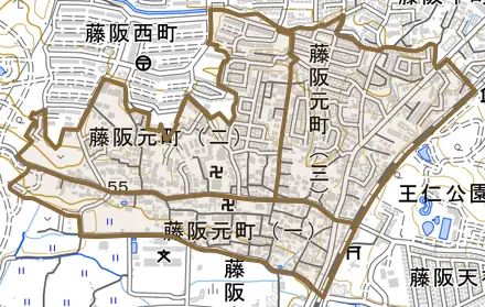 藤阪元町とその周辺の地図。町の範囲を重ねている