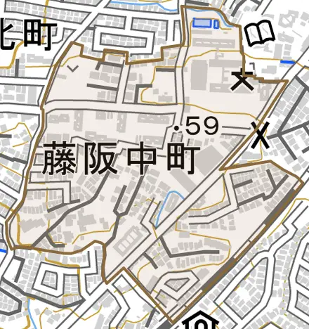 藤阪中町とその周辺の地図。町の範囲を重ねている