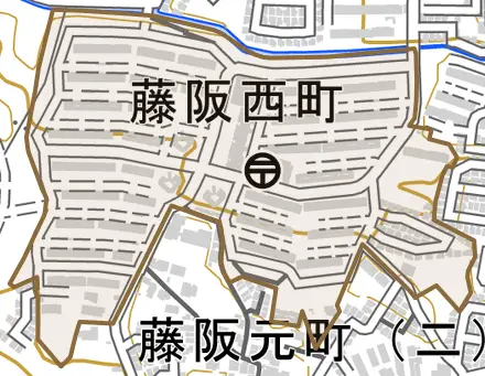 藤阪西町とその周辺の地図。町の範囲を重ねている