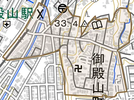 御殿山町とその周辺の地図。町の範囲を重ねている