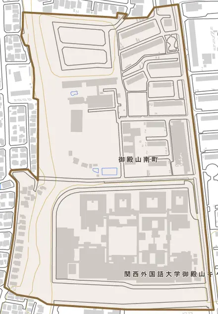 御殿山南町とその周辺の地図。町の範囲を重ねている