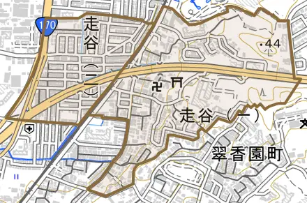 走谷とその周辺の地図。町の範囲を重ねている