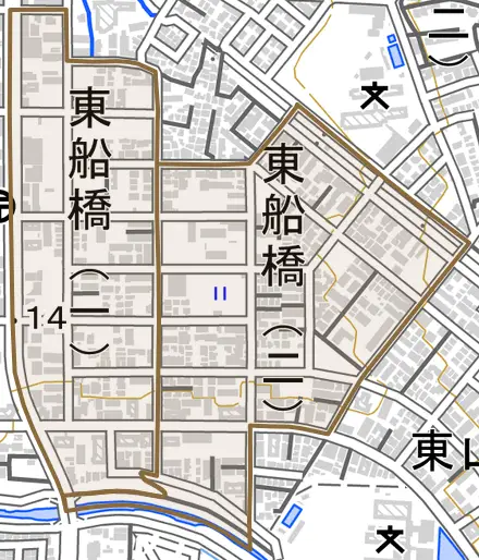 東船橋とその周辺の地図。町の範囲を重ねている