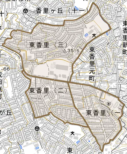 東香里とその周辺の地図。町の範囲を重ねている