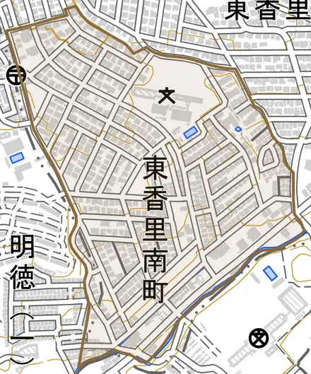 東香里南町とその周辺の地図。町の範囲を重ねている