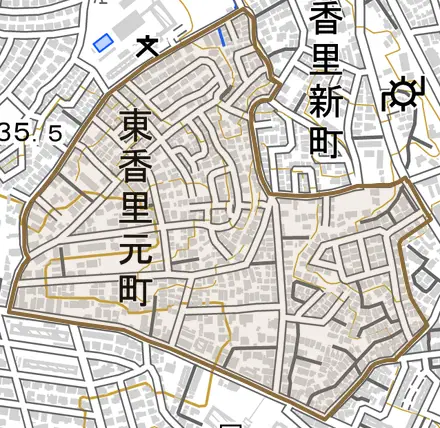 東香里元町とその周辺の地図。町の範囲を重ねている