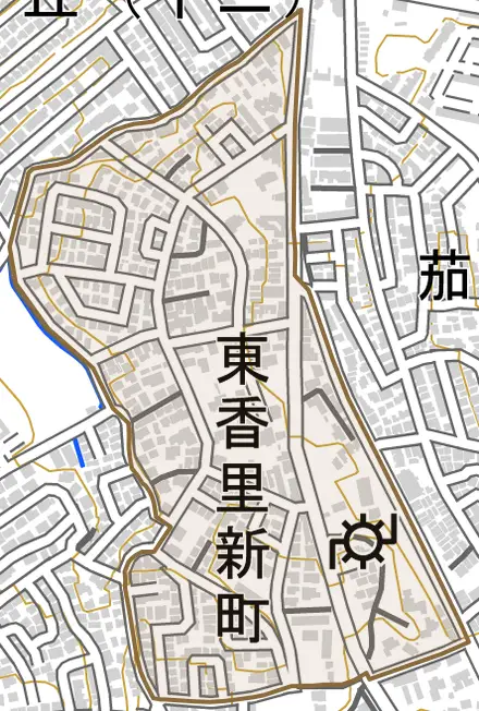東香里新町とその周辺の地図。町の範囲を重ねている