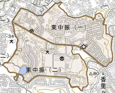 東中振とその周辺の地図。町の範囲を重ねている